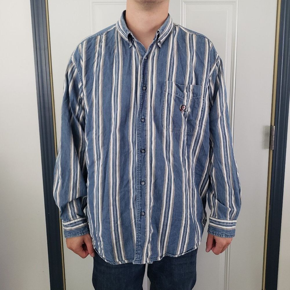 90s Blue, White, and Gray Striped Button Down